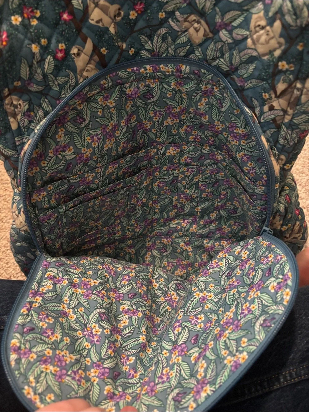 Teal Floral Sloth Quilted Backpack